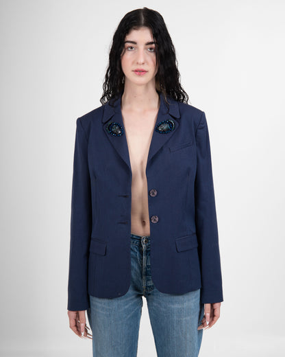 Navy Blue Blazer with Handcrafted Beaded Lapel Brooches