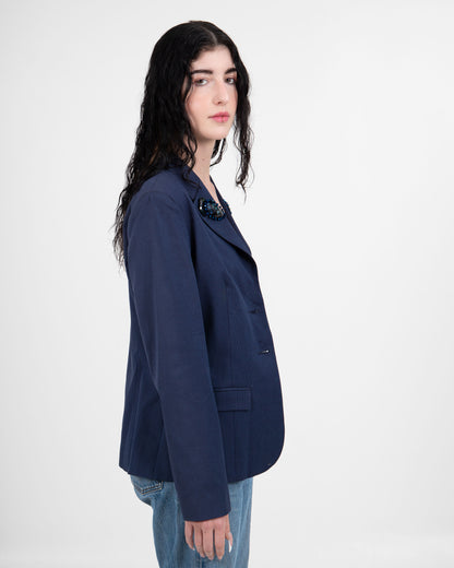 Navy Blue Blazer with Handcrafted Beaded Lapel Brooches