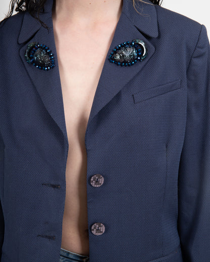 Navy Blue Blazer with Handcrafted Beaded Lapel Brooches