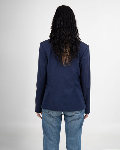 Navy Blue Blazer with Handcrafted Beaded Lapel Brooches