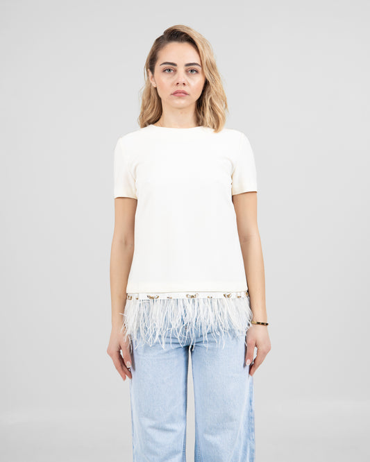 Elegant Feather Trim White Top
