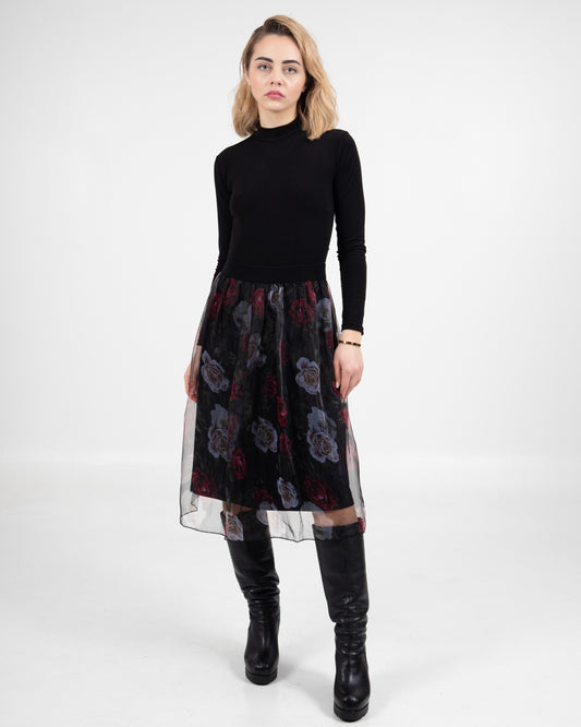 Romantic Rose Print Tulle Midi Skirt